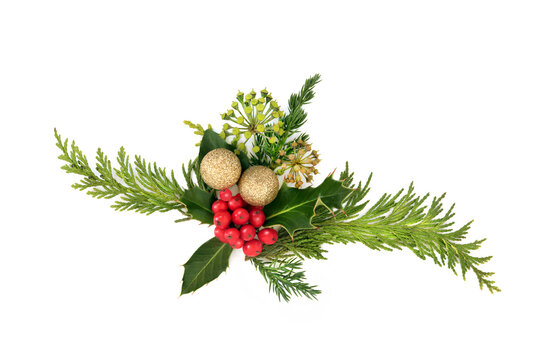Christmas winter holly, fir, gold sparkling bauble decorations on white background. Decorative Xmas festive design for greetings card, logo.
