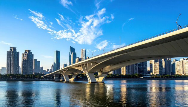 Modern concrete bridge crossing a wide river with city skyline and blue sky background