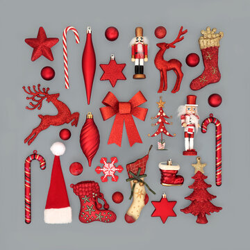 Festive collection of Christmas tree decorations on gray background, square shape design. Symbols of the holiday season, greeting card.