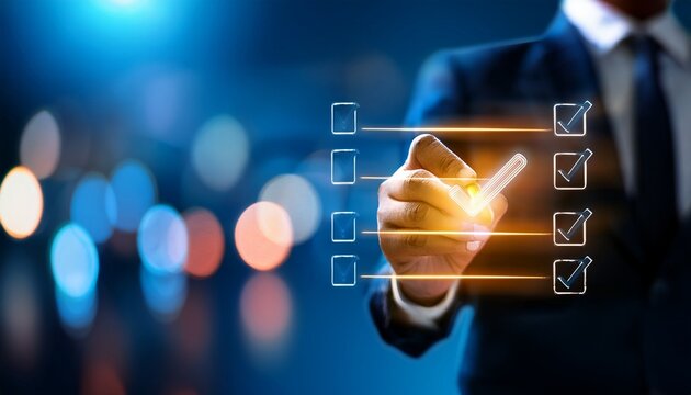 digitized checklist with glowing check marks blurred background representing task completion progress and success