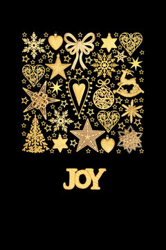 Festive gold joy sign, christmas tree decorations, stars, snowflakes, reindeer, tree, heart, bow shapes. Square shape Xmas design on black.