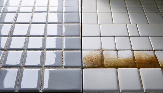 tile and grout cleaning comparison shot showing before and after results on a white tiled floor surface from eye level