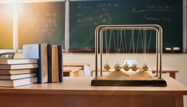 a physics classroom with a pendulum over sand textbooks on desks