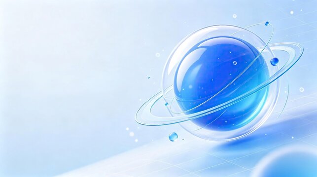 Futuristic 3d rendered blue glass planet with orbiting transparent rings on light blue clean tech background modern abstract digital design