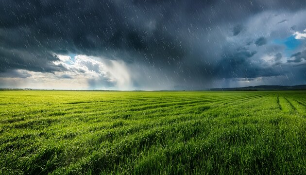 lush green grass field drenched by heavy rain under a dramatic dark cloudy sky