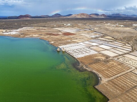 Salt mining plant, Salinas de Janubio with green Laguna de Janubio, near Yaiza, aerial view, Lanzarote, Canary Islands, Spain