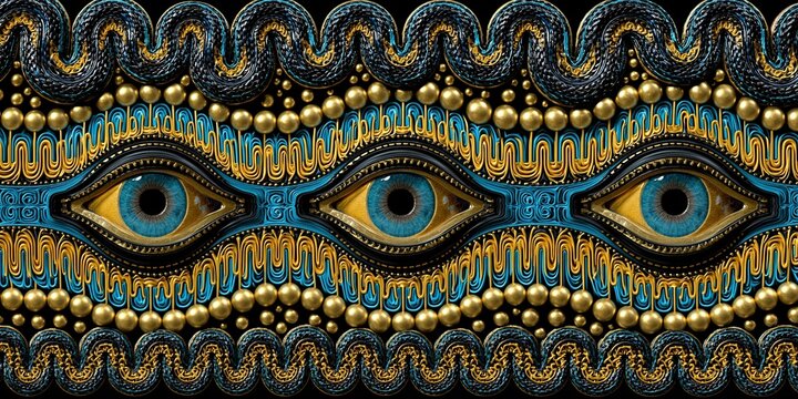 Ornate decorative repeating pattern with three blue human eyes in golden turquoise embossed style on black background ancient egyptian inspired art