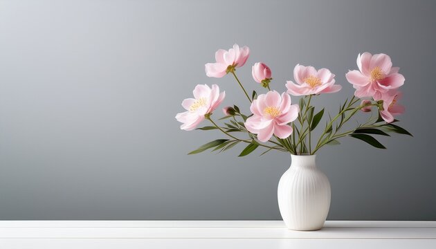 pink flowers arranged in a white vase on a minimalist table