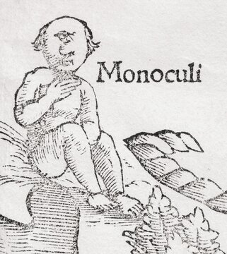 One-eyed Giant (Monoculi), detail, earliest printed map of the entire African continent, woodcut by Sebastian M&uuml;nster from Cosmographia Universalis, Basel 1550, Switzerland