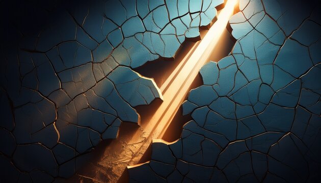 a dimly lit cracked wall with a beam of light shining through a fissure revealing a deeper crack with a faint hand like shape reaching for the light