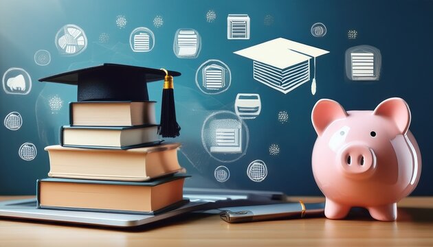 a stack of books and a piggy bank surrounded by graduation caps certificates and a laptop representing the value of education and earning credits