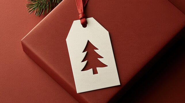 Minimalist christmas gift with solid red wrapping paper and off white tag with cut out Christmas tree shape minimalist holiday concept
