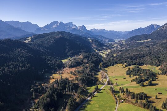 Aerial view, Bavarian foothills of the Alps near Kr&uuml;n, Werdenfelser Land, Wetterstein range, Upper Bavaria, Bavaria, Germany