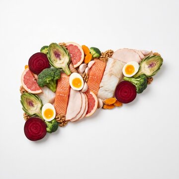 Healthy superfoods including beetroots, eggs and salmon forming human liver silhouette on white background for digestive health nutrition and diet advertising campaign