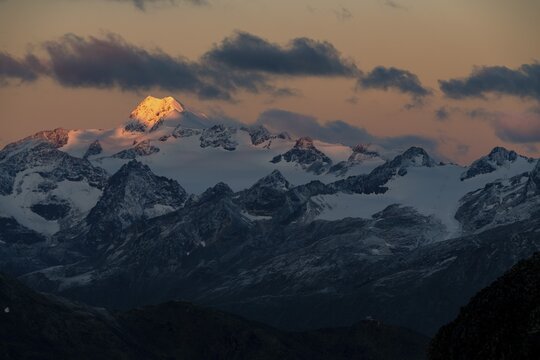 Sunrise over summit of &Ouml;tztaler Wildspitze, S&ouml;lden, &Ouml;tztal, Tyrol, Austria