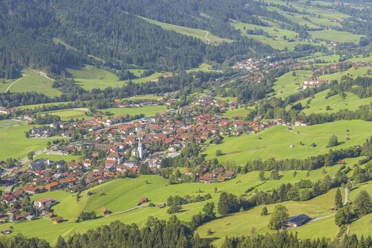 Panorama from the Hirschberg, 1456m, into the Ostrachtal with Bad Hindelang, Oberallg&auml;u, Allg&auml;u, Swabia, Bavaria, Germany