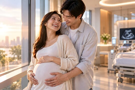 Happy Expectant Couple Sharing a Loving Moment at Prenatal Clinic