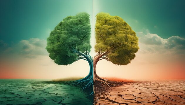 climate change concept tree in two parts with green and healthy nature versus drought and polluted nature 3d rendering
