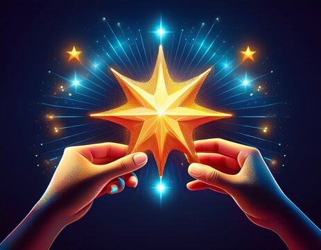 hand placing glowing star symbolizing excellence and quality