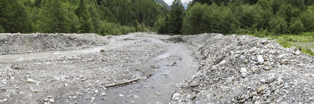 Illegal stream straightening in a nature reserve, Rappenalpbach in the Rappenalptal valley near Oberstdorf, Allg&auml;u Alps, Allg&auml;u, Bavaria, Germany