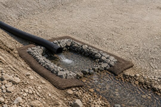 Construction dewatering operations - a discharge hose in a protected stone lined outfall