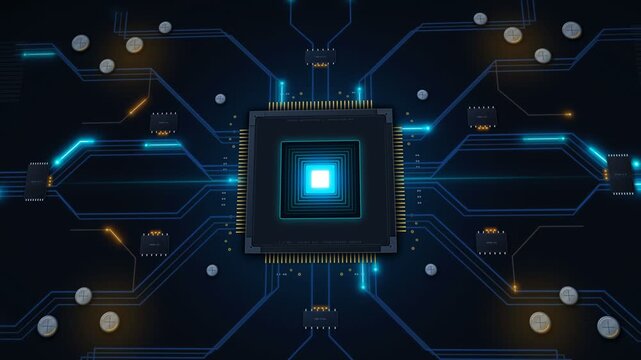 Digital circuit board with central glowing processor and blue light connections