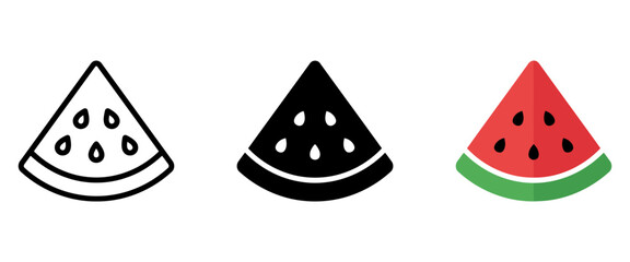Fototapeta premium Watermelon slice icon set in outline silhouette and flat colored style, summer fruit vector icons for web design and UI