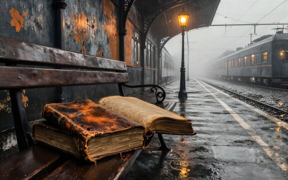 Rainy station platform with old book on bench, train in mist.