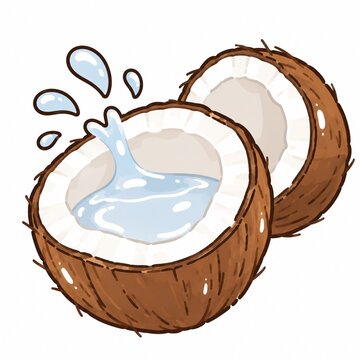 割れたココナッツから飛び散るフレッシュなココナッツウォーターのイラスト