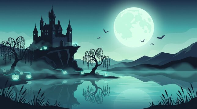 A dramatic digital illustration features a spooky castle in silhouette against a bright full moon and a misty atmospheric landscape