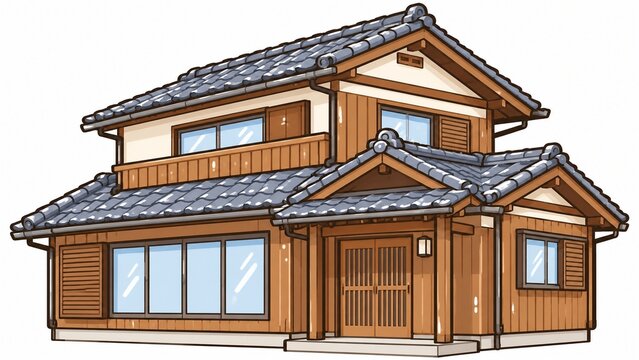 瓦屋根と木製の外壁が特徴的な伝統的な和風二階建て一軒家のイラスト