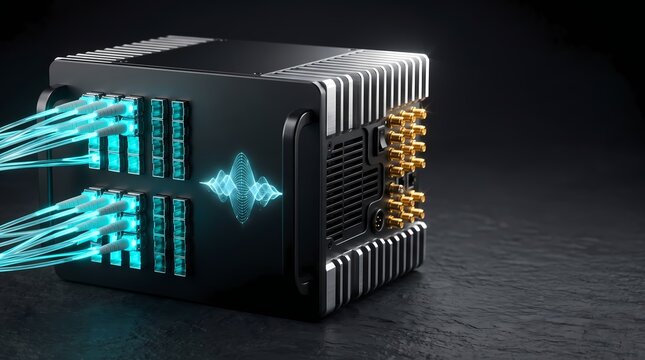 Premium 3D render of unbranded 6G telecommunications transceiver node with gold connectors and glowing network symbol