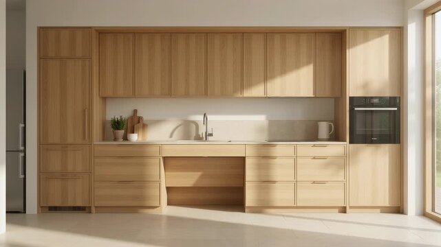 Empty wheelchair accessible wooden kitchen featuring lowered sink and open space
