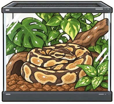 植物に囲まれたテラリウムでとぐろを巻く美しいボールパイソンのイラスト