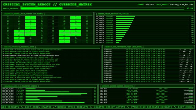 Critical System Reboot Override Matrix Hacker Terminal.