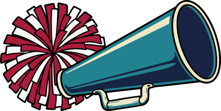 Cheerleading megaphone with red and white pom pom, retro cartoon style sports cheer equipment, vector illustration of cheerleader accessories for school spirit and team support concept