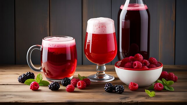 Red berry beverage served in glasses with fresh raspberries and blackberries