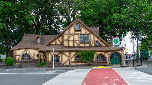 Hobbit burrow style visitor centre building in Matamata, New Zealand, 20 January 2024