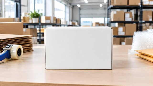 White cardboard box on wooden table in warehouse with packing materials