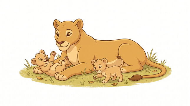 A caring cartoon mother lioness lying down on a grassy ground patch with two playful little lion cubs, rendered in a clean outline vector style isolated on a solid white background.