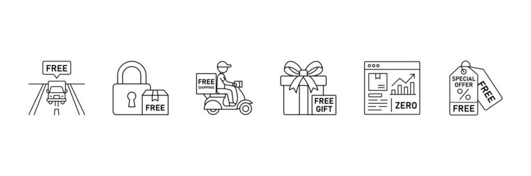 Free shipping line icon set featuring road delivery padlock courier gift website discount label.