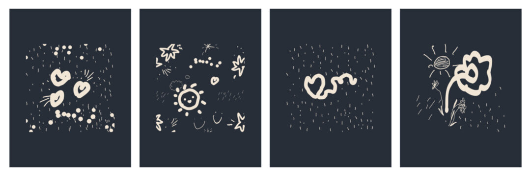 Hand drawn doodle poster asset pack. Pencil and crayon scribble shape and elements. Kid drawing naive vector collection
