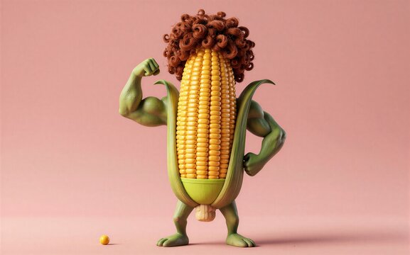 Muscular corn with curly hair flexes, one eardrop on floor against pink backdrop.