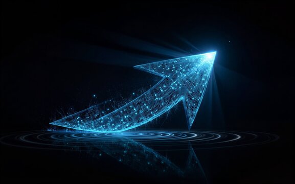 Glowing blue arrow of light, digital network pattern, futuristic motion on dark background.