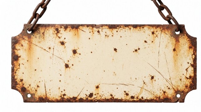 Blank rusty metal sign hangs on iron chains. Aged weathered plate with distressed texture, grunge effect. Empty antique rectangular board with old orange rust spots on white background. Versatile