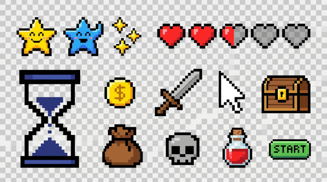 Collection of pixel art game icons including stars, hearts, hourglass, coins, sword, cursor, treasure chest, money bag, skull, potion, and start button on a transparent background.