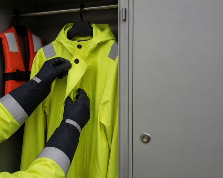 Ferry terminal operations - hands fastening a weatherproof jacket storm flap