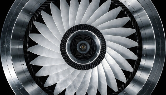 Metal turbine fan rotor blades in jet propulsion system. Aerospace engineering and aeronautics mechanics. Aircraft turbine assembly rotating inside casing