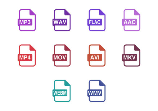 Music and Video File Format Icon Set, Flat Vector Assets for Web Design and UI