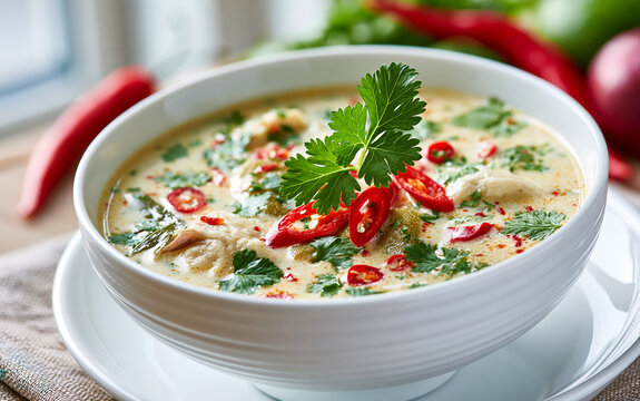 bowl of Thai coconut soup (Tom Kha Gai), garnished with cilantro and chili, coconut milk broth, lime leaves
